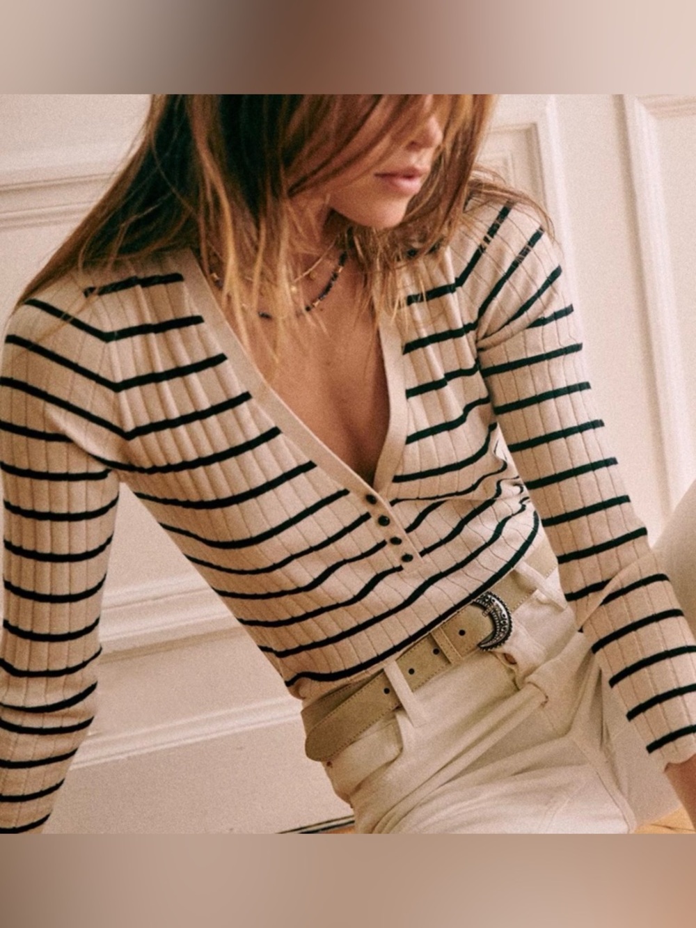 Sézane Lou Jumper Sweater Sz S Cream/Navy Cotton Merino EUC Scalloped Hem